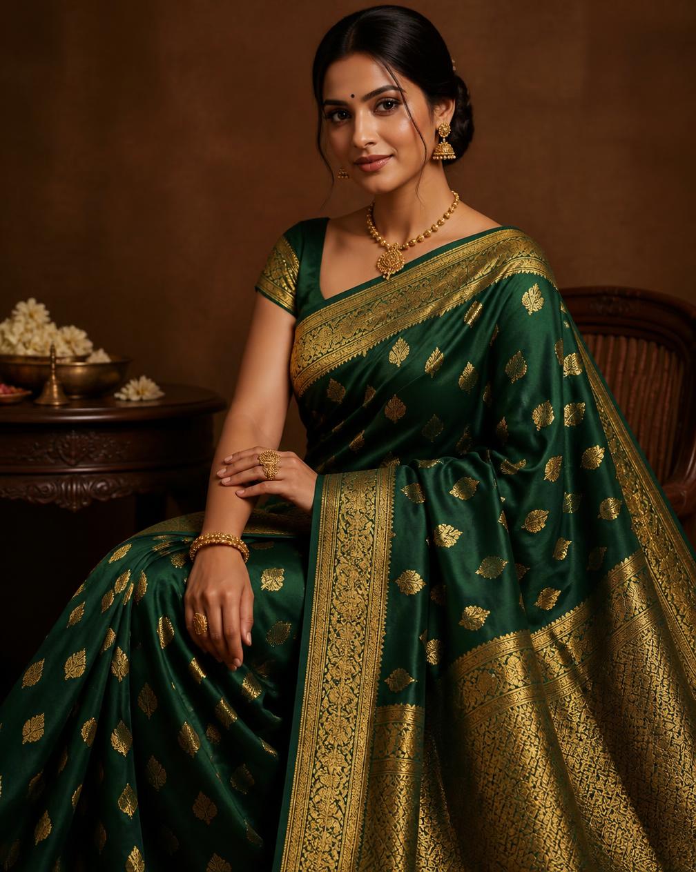 Woman draped in a deep green silk saree with gold zari motifs