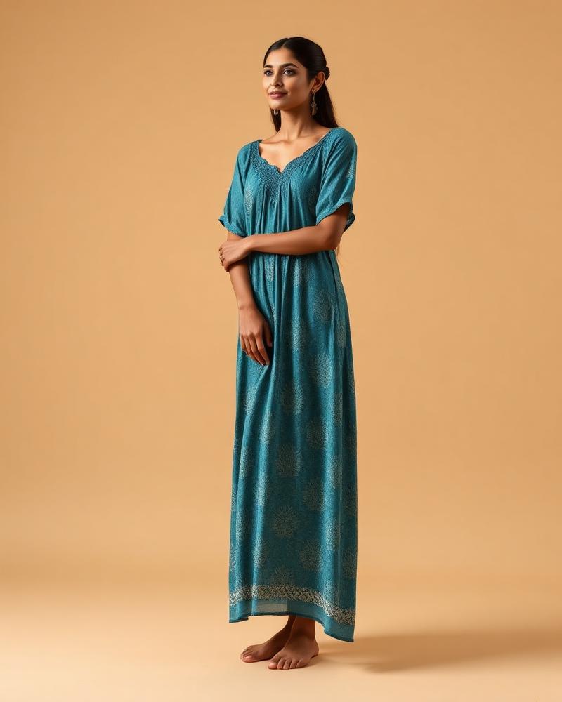 Peacock Teal Maxi Nighty — Teal nighty