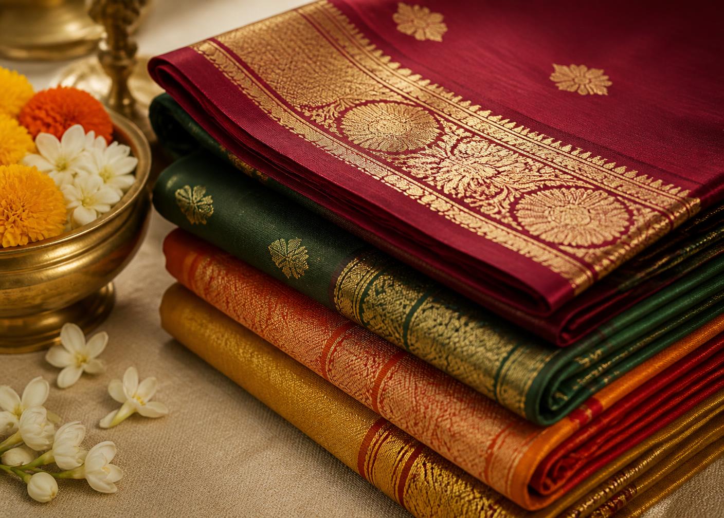 Stacked maroon, green, rust and gold silk sarees beside a brass bowl of marigolds